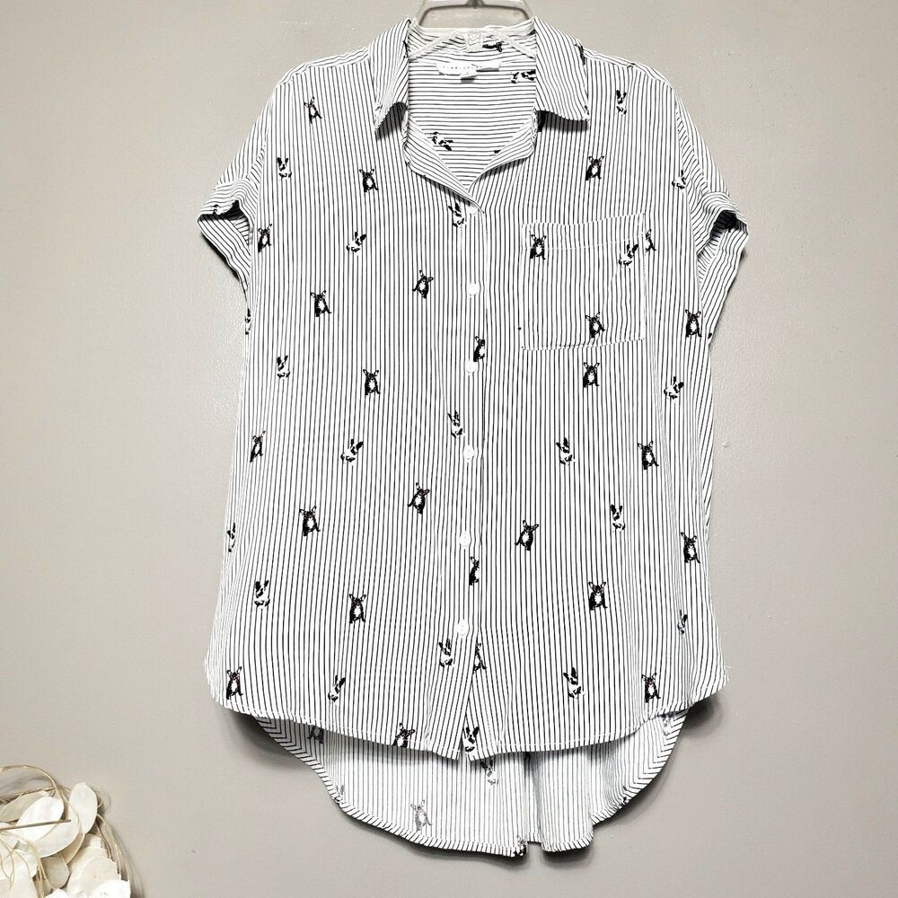 Jane & Delancey French Bulldog Print Top Size Small White Stripe Button Up